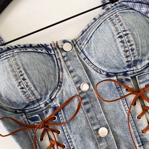 Hottie Lace-up Denim Patchwork Top