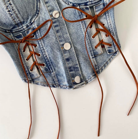Hottie Lace-up Denim Patchwork Top