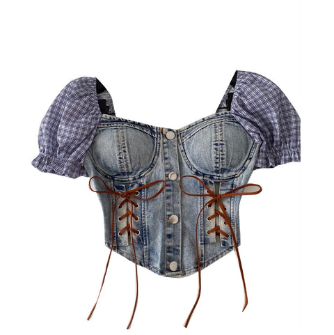 Hottie Lace-up Denim Patchwork Top