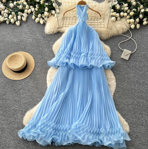 Backless Pleated Halter Dress