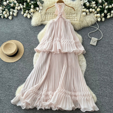 Backless Pleated Halter Dress