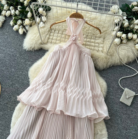 Backless Pleated Halter Dress