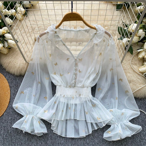 See-through Mesh Blouse & Camsiole 2Pcs