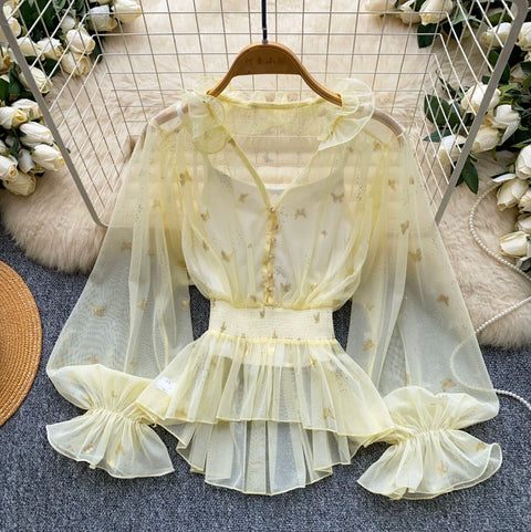 See-through Mesh Blouse & Camsiole 2Pcs