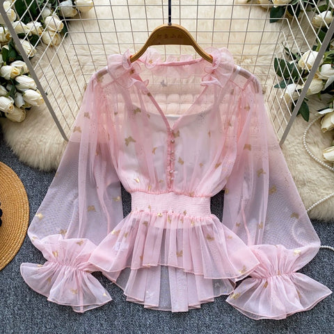 See-through Mesh Blouse & Camsiole 2Pcs