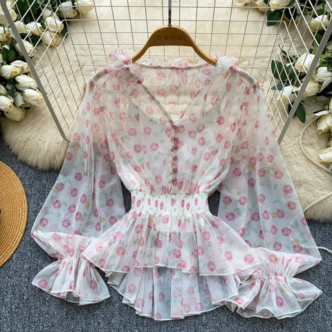 See-through Mesh Blouse & Camsiole 2Pcs