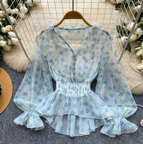 See-through Mesh Blouse & Camsiole 2Pcs