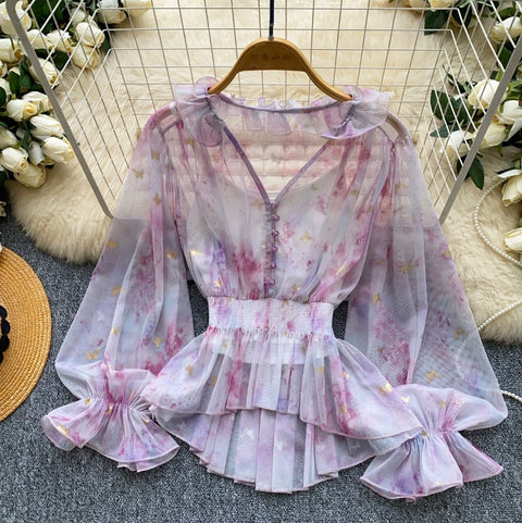 See-through Mesh Blouse & Camsiole 2Pcs