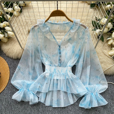 See-through Mesh Blouse & Camsiole 2Pcs