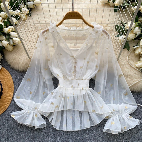 See-through Mesh Blouse & Camsiole 2Pcs