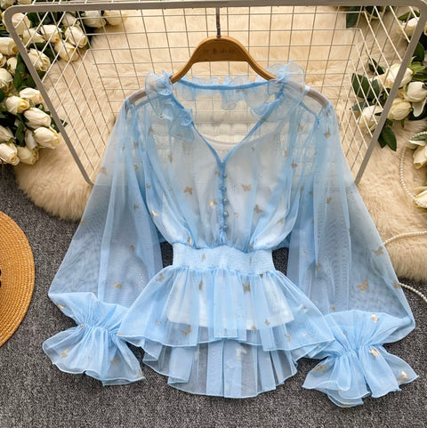 See-through Mesh Blouse & Camsiole 2Pcs