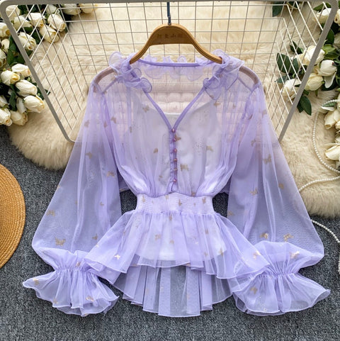 See-through Mesh Blouse & Camsiole 2Pcs