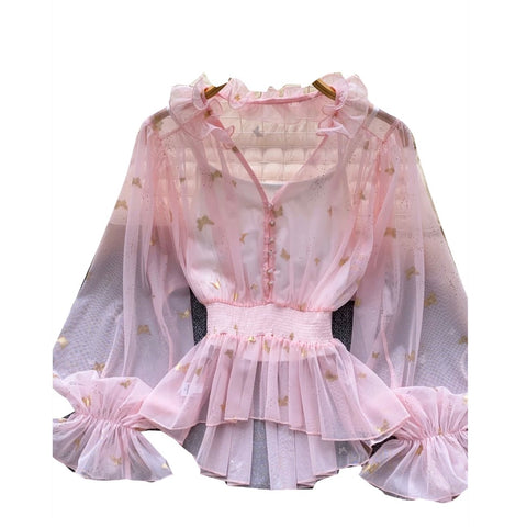 See-through Mesh Blouse & Camsiole 2Pcs