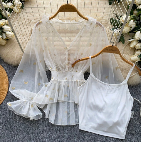 See-through Mesh Blouse & Camsiole 2Pcs