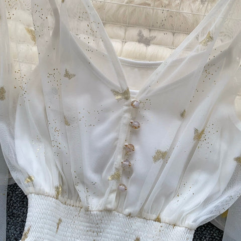 See-through Mesh Blouse & Camsiole 2Pcs