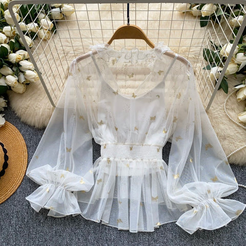 See-through Mesh Blouse & Camsiole 2Pcs