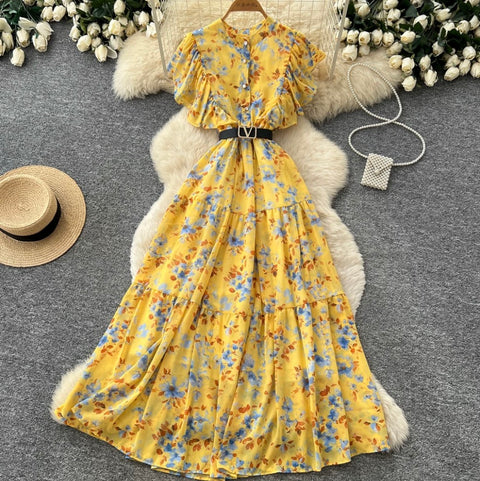 Pastoral Style Floral Draped Shirt Dress
