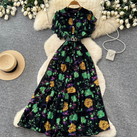 Pastoral Style Floral Draped Shirt Dress