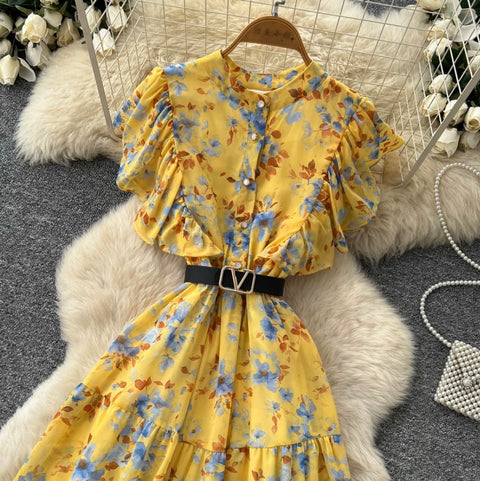 Pastoral Style Floral Draped Shirt Dress