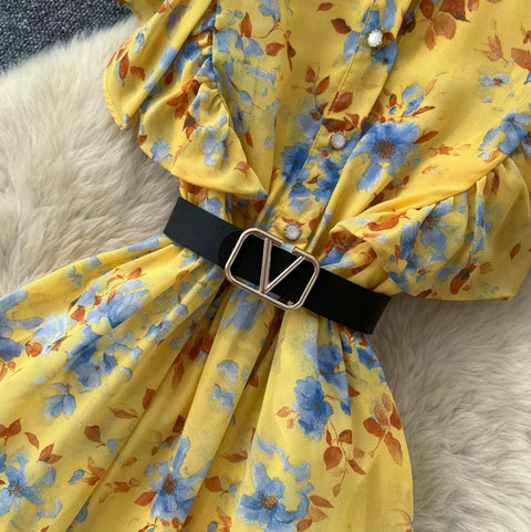 Pastoral Style Floral Draped Shirt Dress
