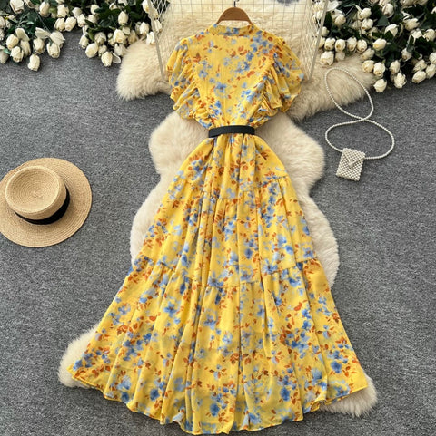 Pastoral Style Floral Draped Shirt Dress