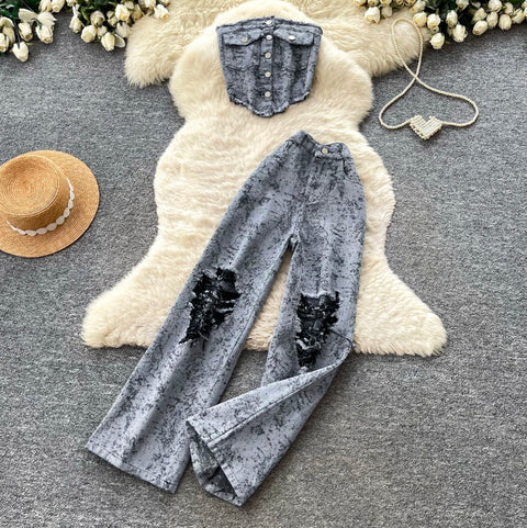 Tank Top & Distressed Jeans Denim 2Pcs