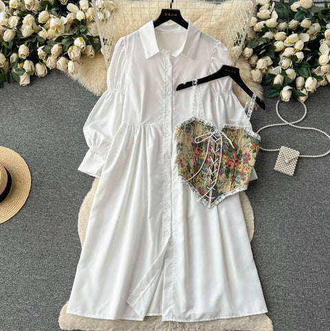 White Dress & Floral Vest 2Pcs