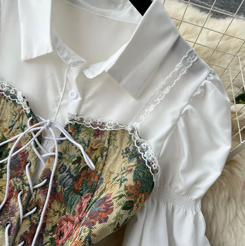 White Dress & Floral Vest 2Pcs