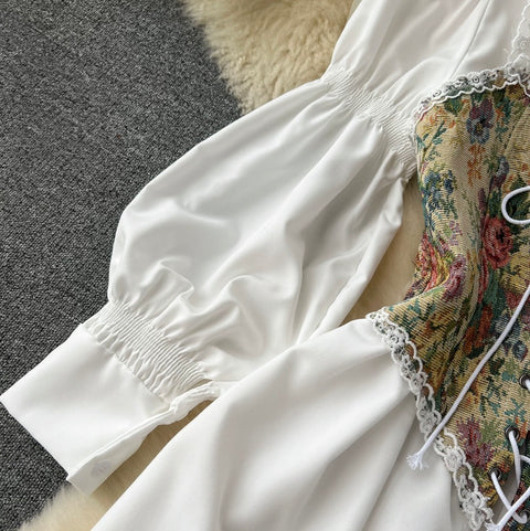 White Dress & Floral Vest 2Pcs