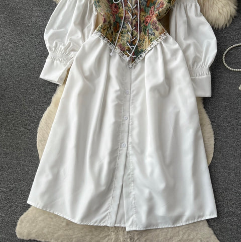 White Dress & Floral Vest 2Pcs
