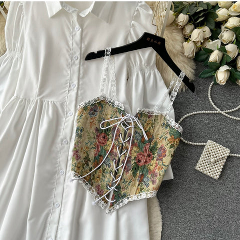 White Dress & Floral Vest 2Pcs