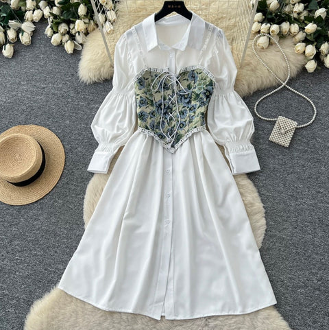 White Dress & Floral Vest 2Pcs