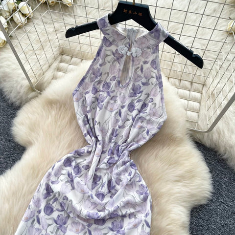 Floral Print Slim-fit Halter Dress