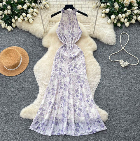 Floral Print Slim-fit Halter Dress