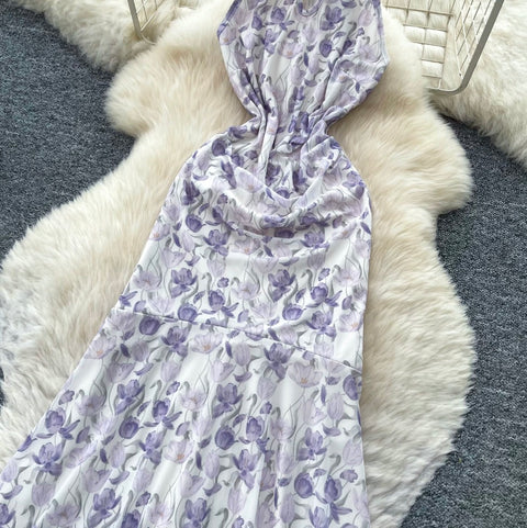 Floral Print Slim-fit Halter Dress