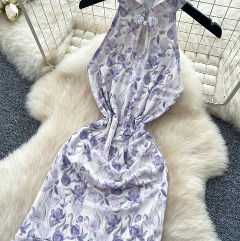 Floral Print Slim-fit Halter Dress