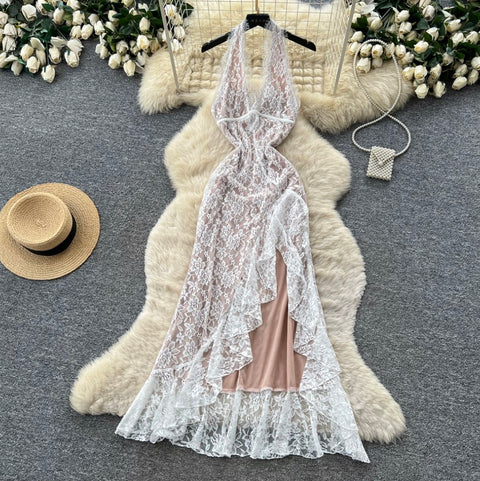 White Hollowed Lace Halter Dress