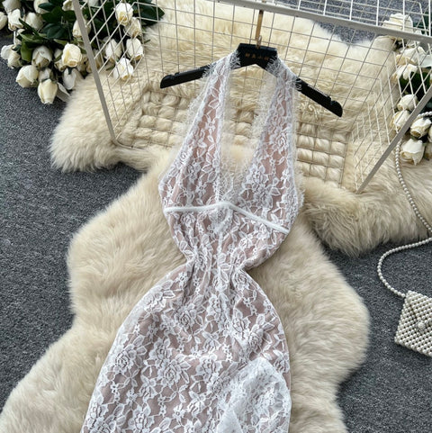 White Hollowed Lace Halter Dress
