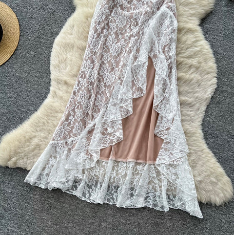 White Hollowed Lace Halter Dress
