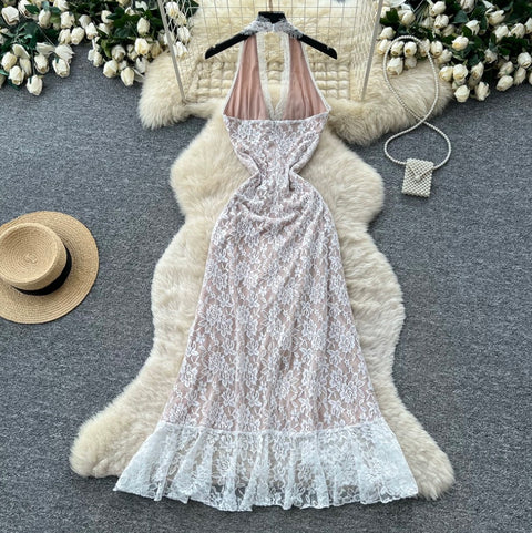 White Hollowed Lace Halter Dress