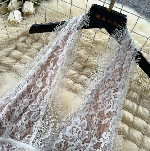 White Hollowed Lace Halter Dress