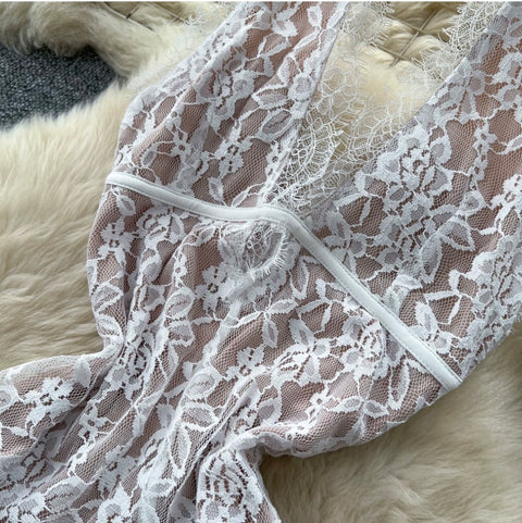 White Hollowed Lace Halter Dress