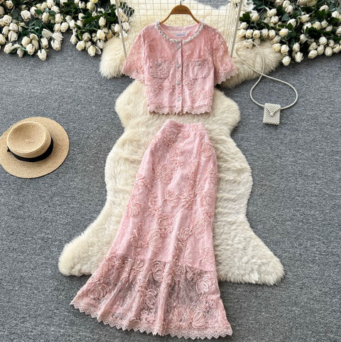 Lace Patchwork Blouse & Skirt 2Pcs