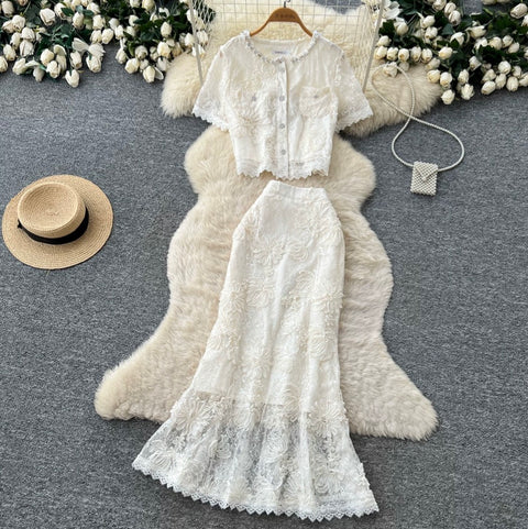 Lace Patchwork Blouse & Skirt 2Pcs