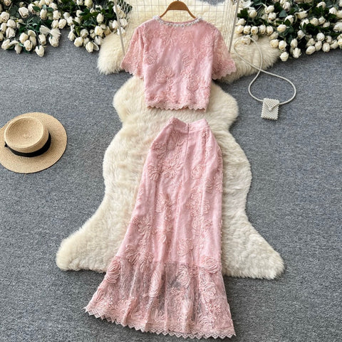 Lace Patchwork Blouse & Skirt 2Pcs