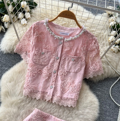 Lace Patchwork Blouse & Skirt 2Pcs