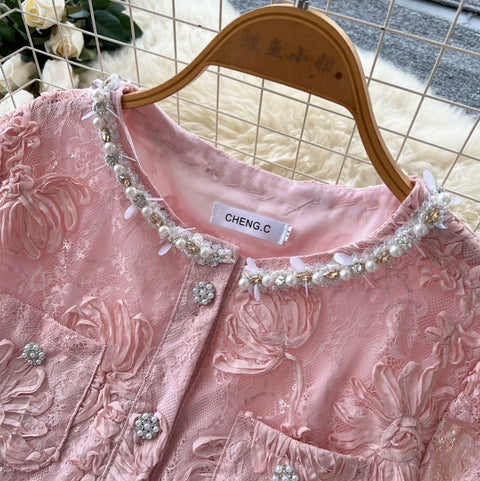 Lace Patchwork Blouse & Skirt 2Pcs