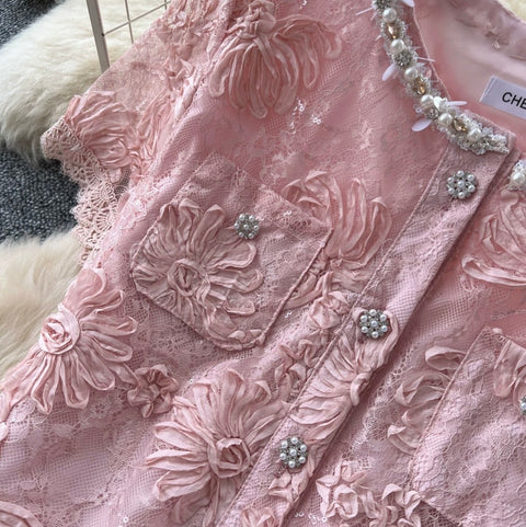 Lace Patchwork Blouse & Skirt 2Pcs