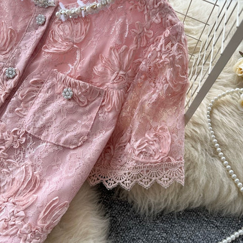 Lace Patchwork Blouse & Skirt 2Pcs