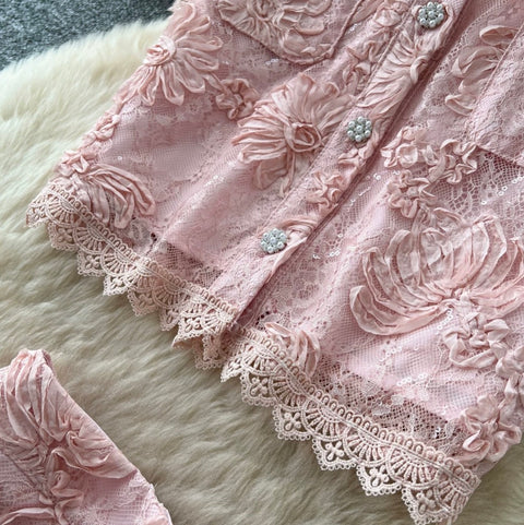 Lace Patchwork Blouse & Skirt 2Pcs